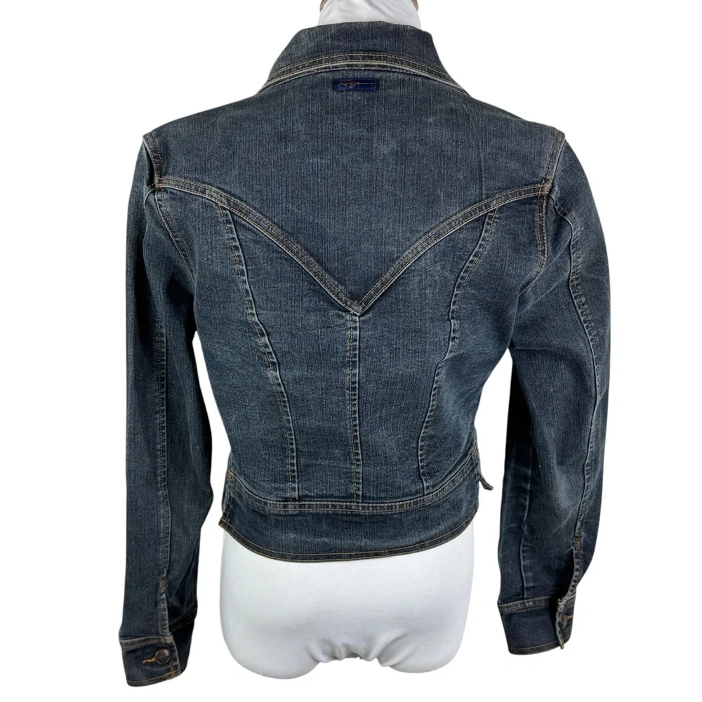 FUBU Blue Denim Snap Front 2 Chest Pockets Cropped Jean Jacket Women's Small‎